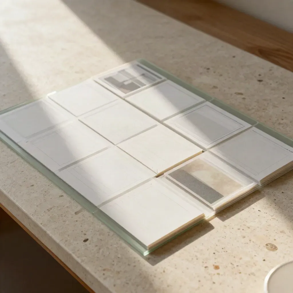 Textfreie Website-Layouts aus Transparentpapier und Acrylleisten auf Travertin
