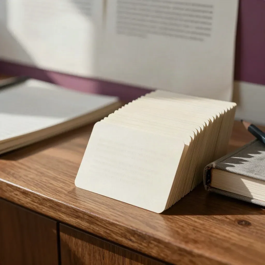 Geordnete Textkarten, geschlossenes Notizbuch und Bleistift auf warmer Holzfläche.