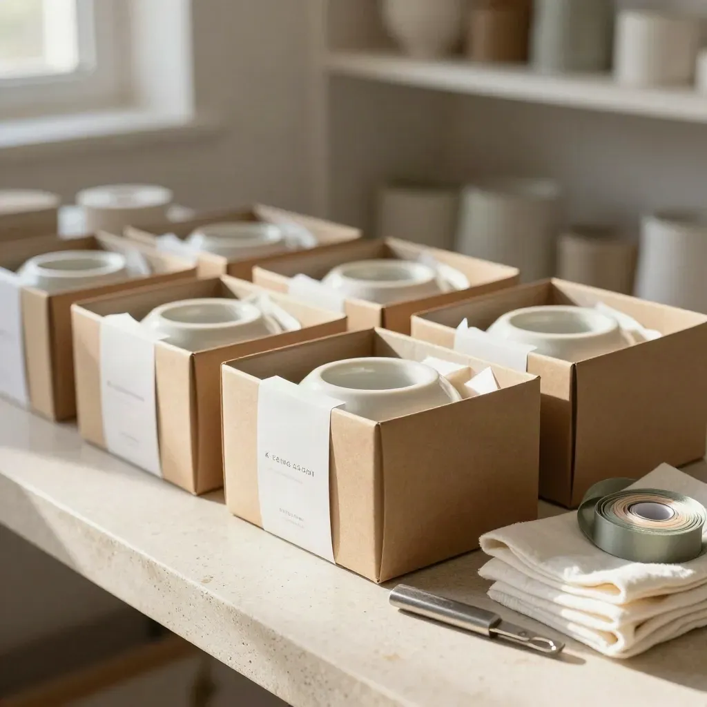 Versandstation mit verpackten Keramik-Launchboxen auf hellem Stein, warmes Licht.