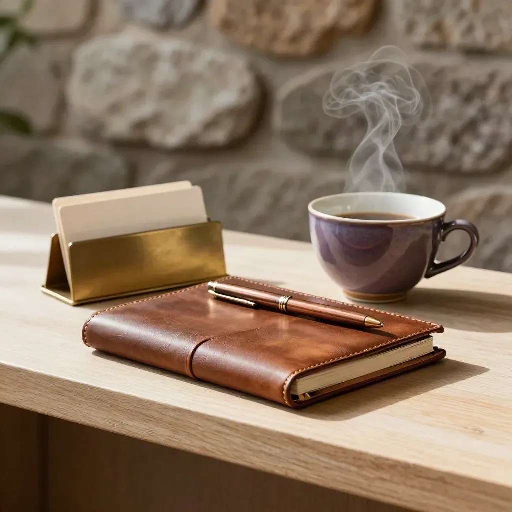 Ruhiger Coaching-Arbeitsplatz mit Agenda, Kartenhalter, Kupferstift und dampfender Teetasse.