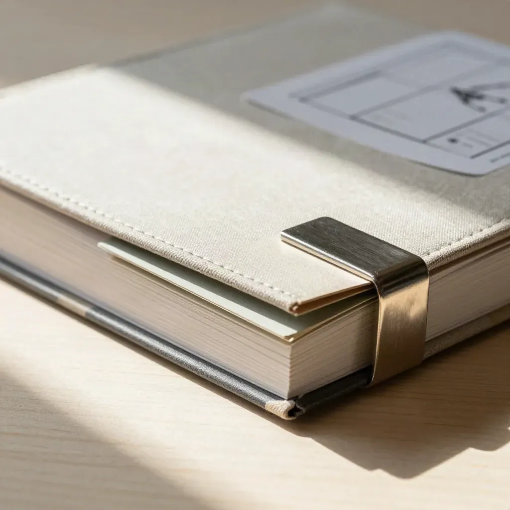 Projektbuch mit farbigen Indexkarten und Metallclip auf hellem Holz.
