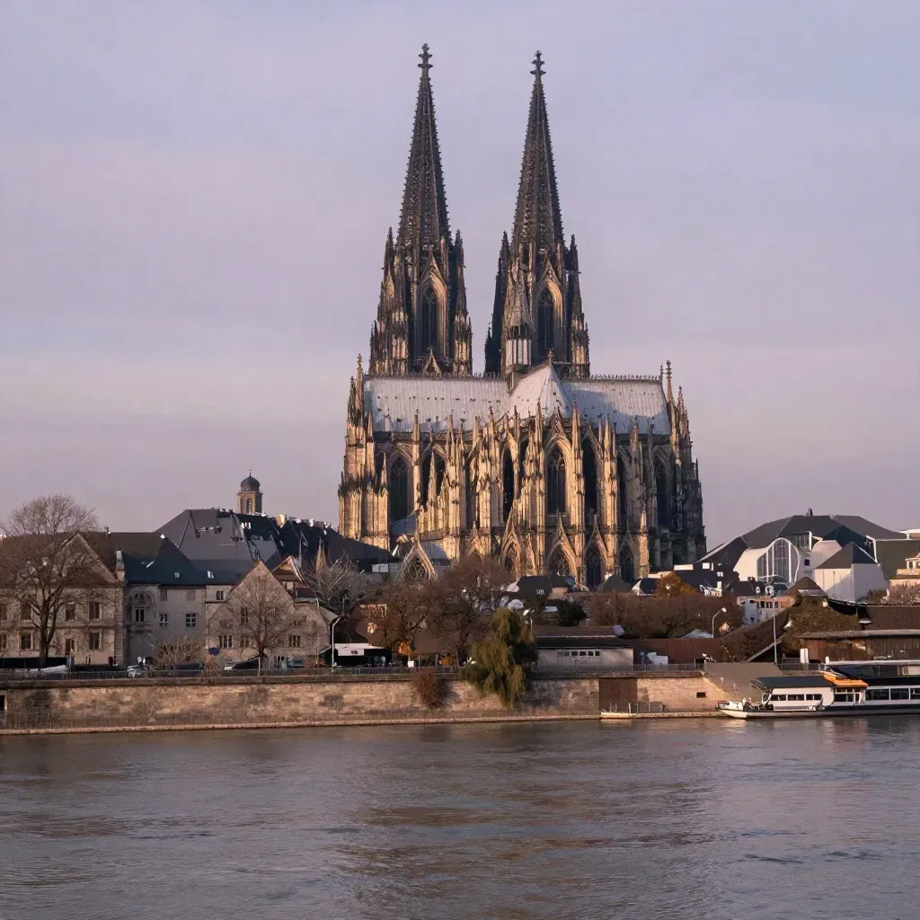 Kölner Dom über ruhigem Rheinufer im Abendhaze, warme Lichtkante auf der Fassade