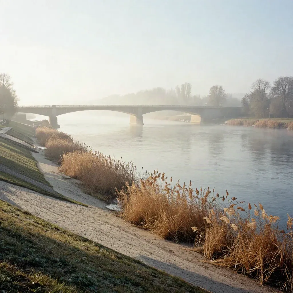 Morgendunst über der Havel mit der Glienicker Brücke im warmen Licht