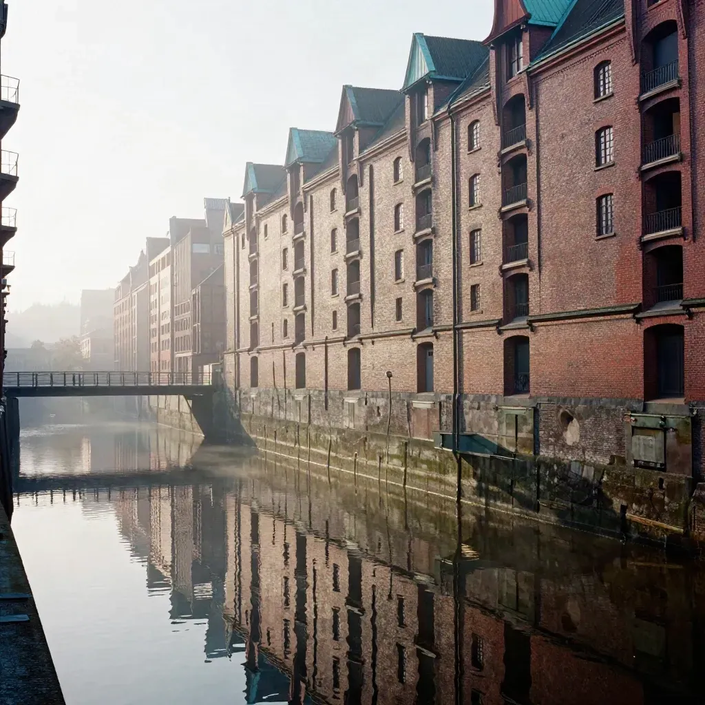 Speicherstadt im Morgennebel über ruhigem Wasser, weich spiegelnd und still
