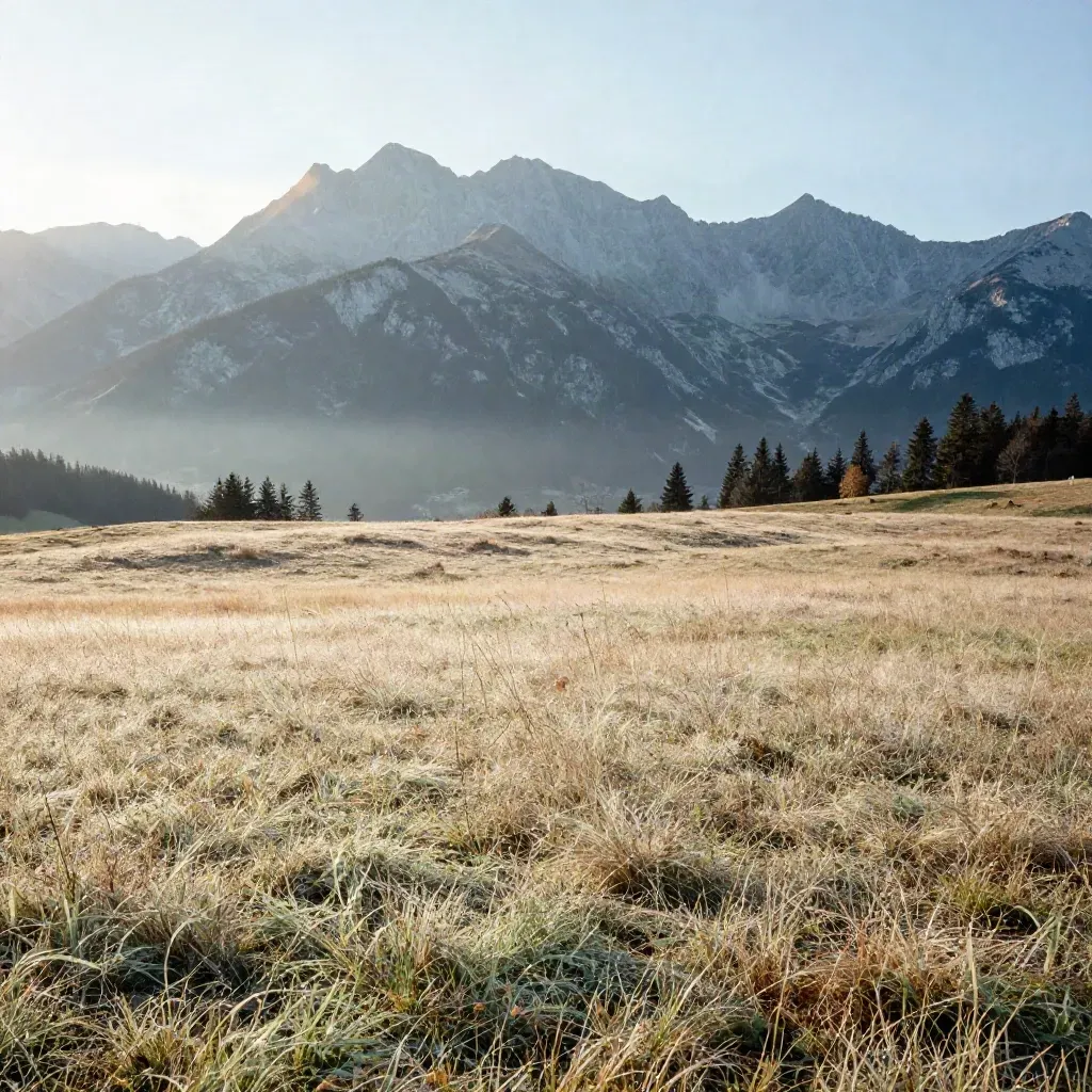 Alpenwiesen mit Bergkante im Morgenlicht, oben hoch im Bild, unten viel ruhige Fläche.