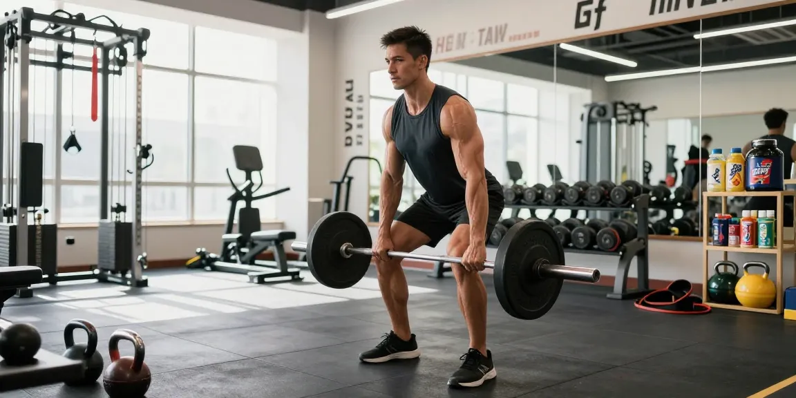 Ein Fitnessstudio mit einem starken Mann, der im Anabolika Shop für Muskelaufbau trainiert.
