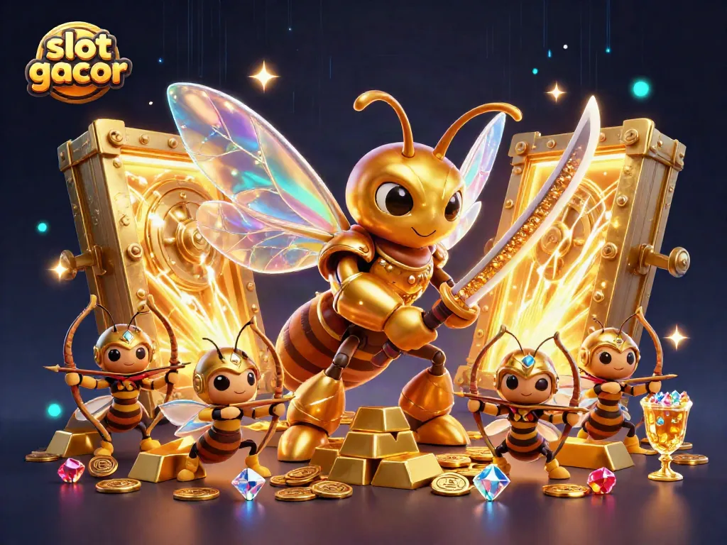 Engage with slot gacor action in a vibrant 3D casino scene filled with treasures and dynamic characters.