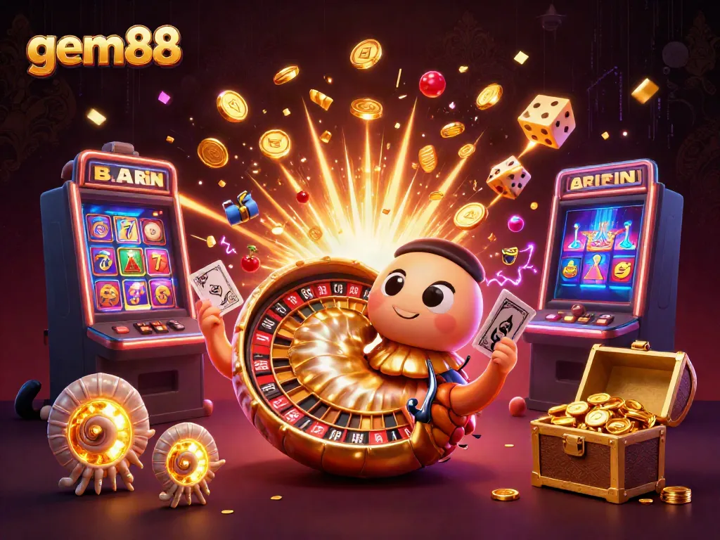 Experience thrilling gameplay at gem88 with a vibrant 3D nautilus and dynamic casino elements.