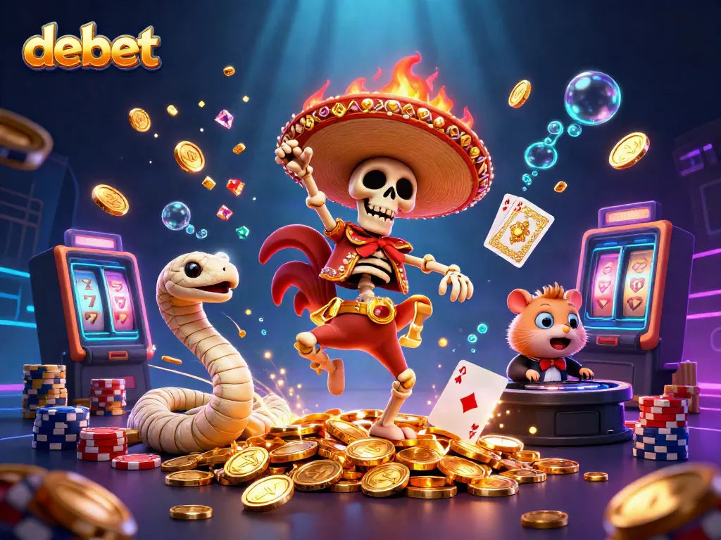 Experience the thrill of debet gaming with a dynamic 3D scene featuring vibrant characters and casino elements.