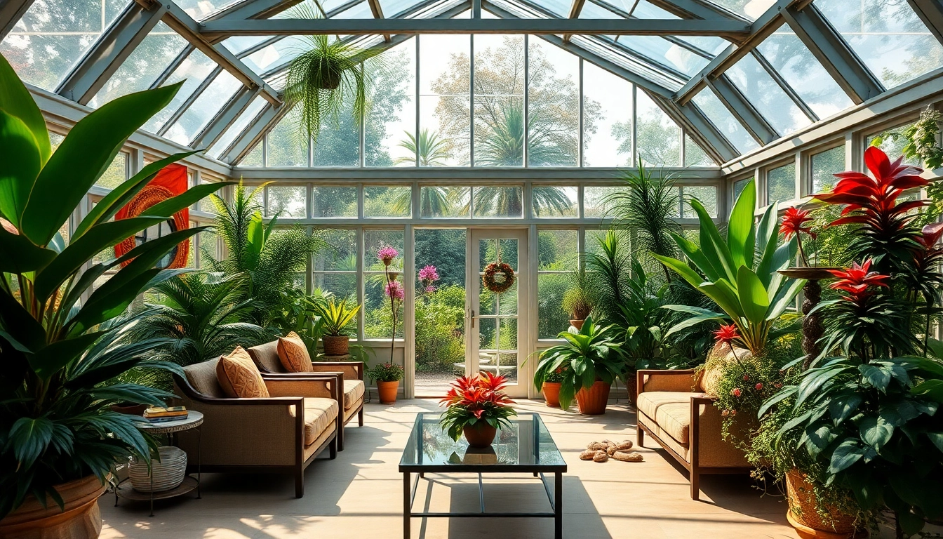 Wintergarten mit stilvollem Design, Pflanzen und einladendem Sitzbereich.