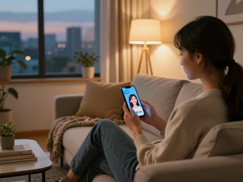 Engaging with a girlfriend AI in a cozy living room during the evening.