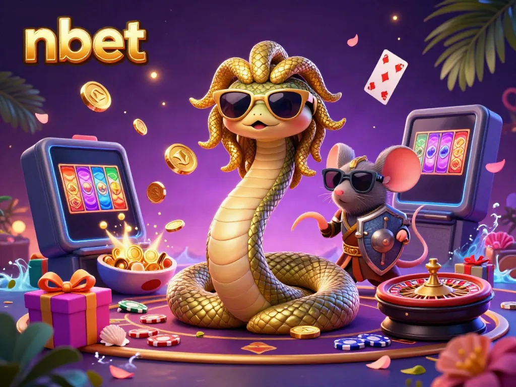 Experience the thrill of the nbet casino with Medusa and a warrior mouse amidst colorful slot games.