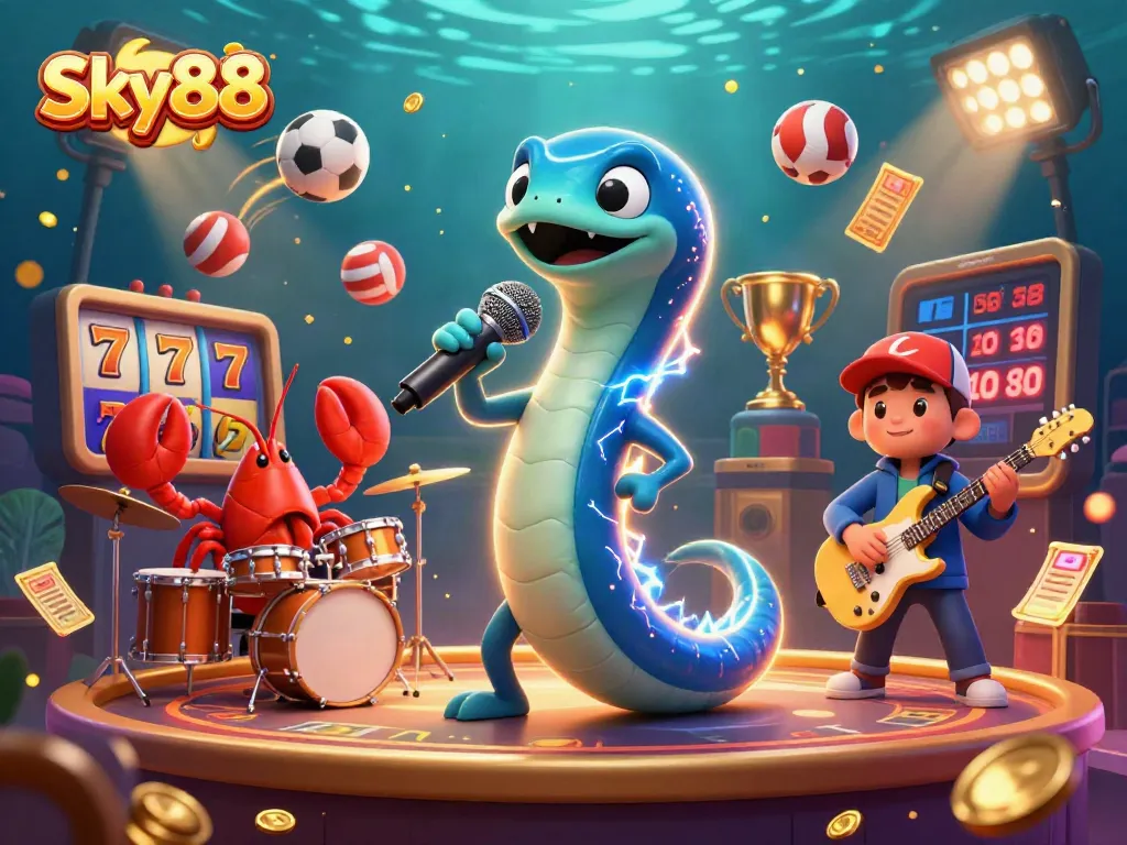 Experience thrilling gaming at Sky88's underwater casino stage with dynamic sea creature performers.