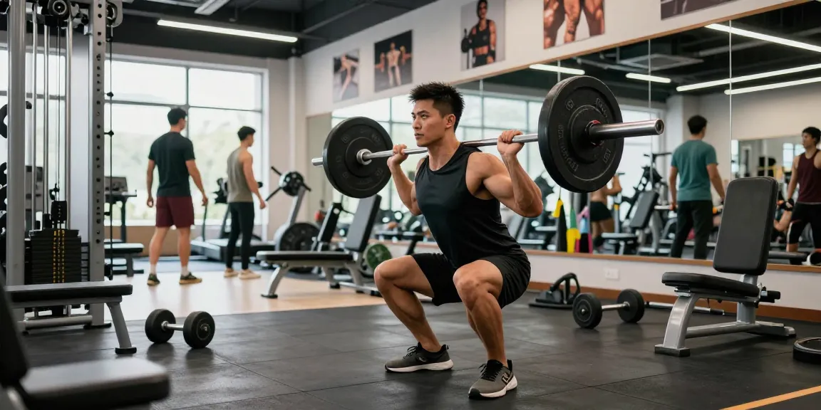 Anabolika-Shop: Bodybuilder macht Kniebeugen in einem modernen Fitnessstudio mit motivierender Atmosphäre.