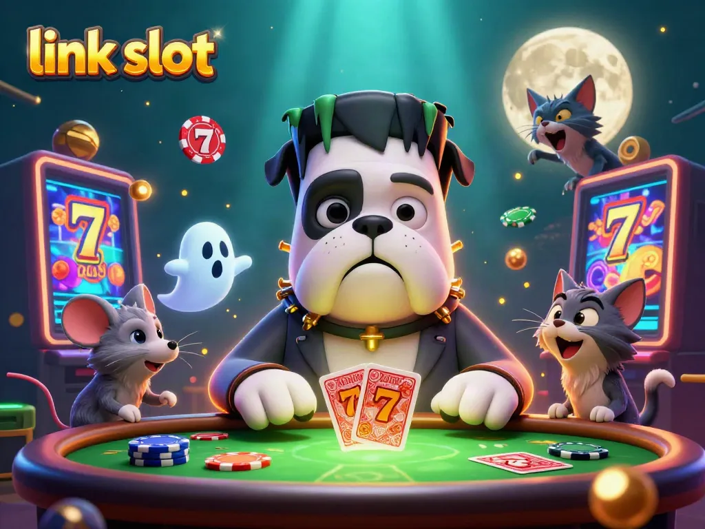 Engaging scene showcasing a 3D Frankenstein bulldog dealing cards and a werewolf kitten at a vibrant slot table, highlighting the link slot experience.