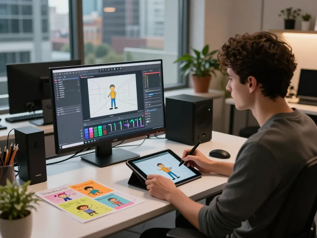 Animator using motion control technology in a modern digital workshop with vibrant lighting and creative workspace elements.