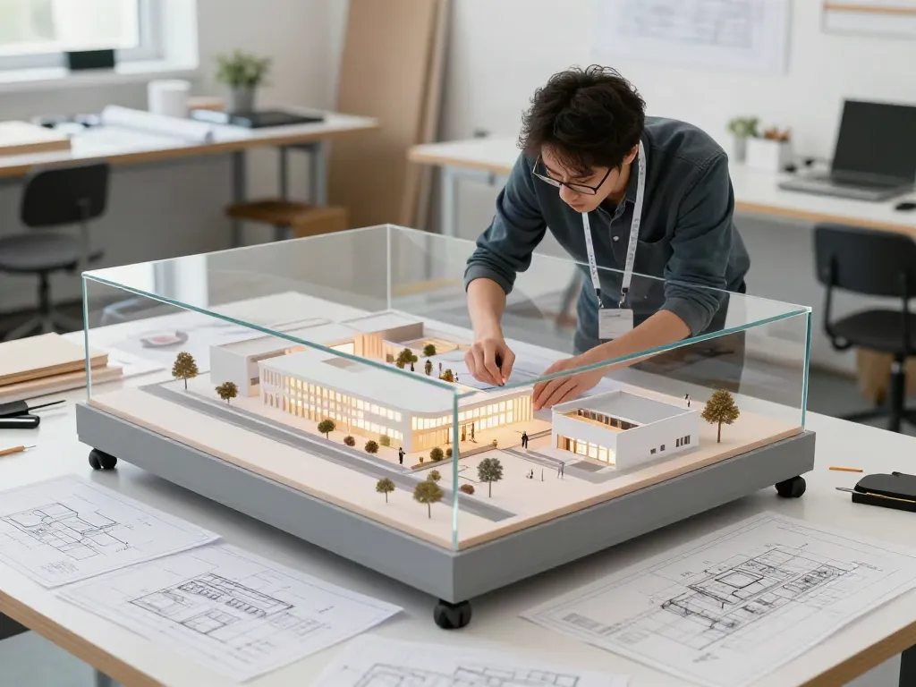 Wettbewerbsmodell von Rüsselsheim im Maßstab 1:500, detaillierte Architekturarbeiten in Werkstatt.