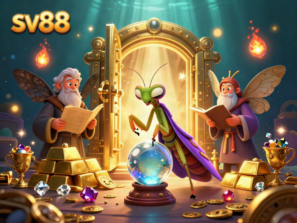 Experience winning strategies at sv88 with vibrant casino-themed characters and treasures in a fantastical scene.