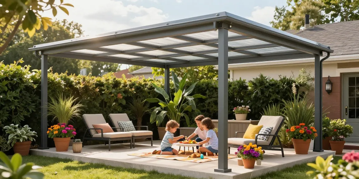 Moderne Terrassenüberdachung aus Aluminium mit Familie, die einen entspannten Nachmittag auf der Terrasse genießt.