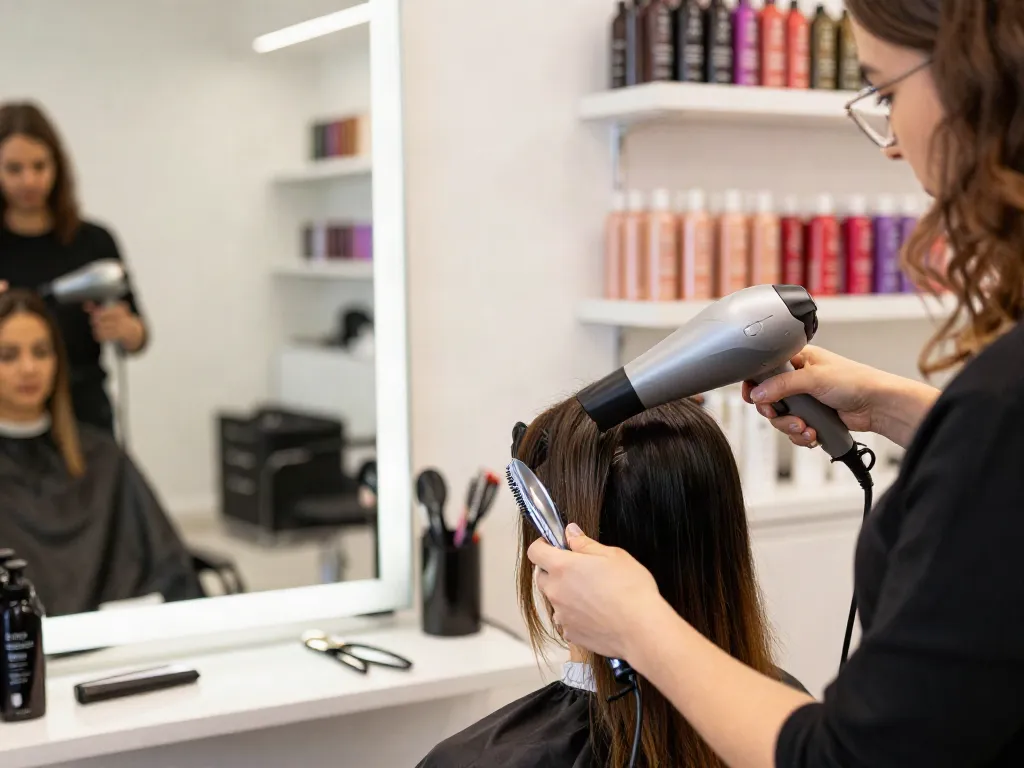 Laifen Haartrockner im Einsatz beim Friseur, professionelles Styling mit warmem Licht.