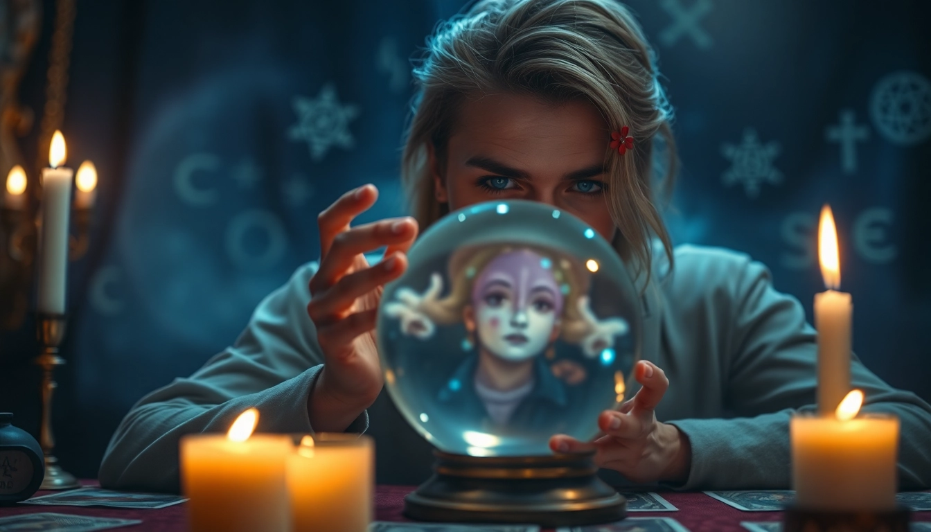 Hellseher online betrachtet eine Kristallkugel, während mystische Lichter um sie leuchten.