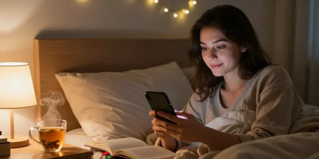 Engaging spicy AI chat scene with a woman using her smartphone in a cozy bedroom.