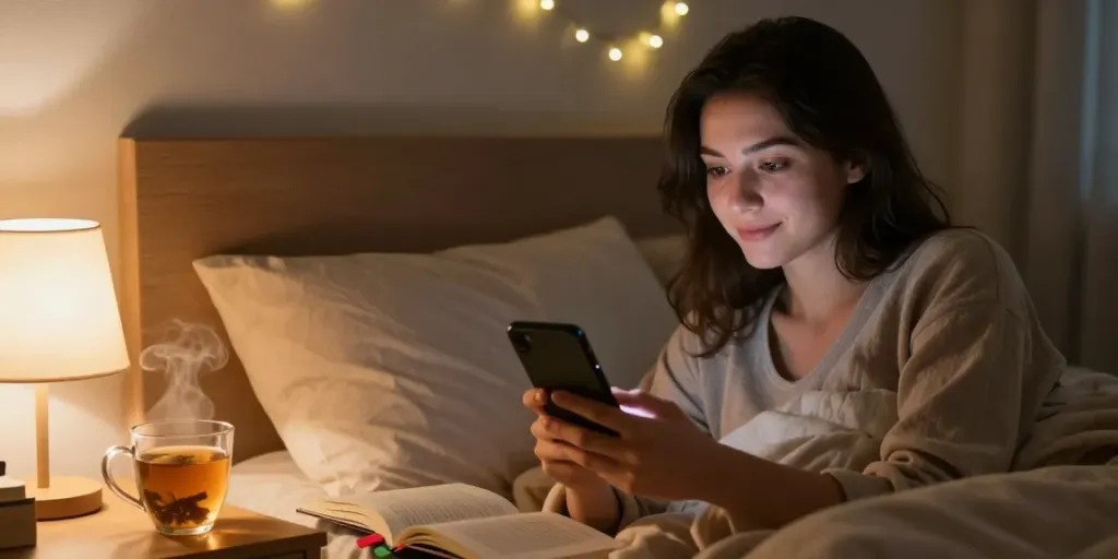 Engaging spicy AI chat scene with a woman using her smartphone in a cozy bedroom.