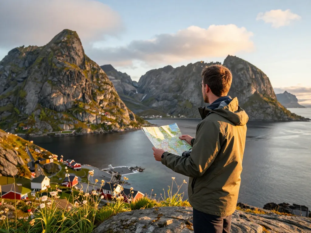 Reisetipps Skandinavien: Reisender auf den Lofoten, Norwegen, der den atemberaubenden Blick beim Sonnenuntergang genießt.