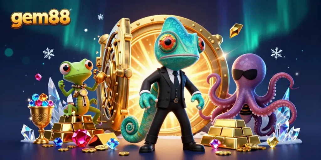 Playing thrilling games at gem88, featuring exciting characters amidst treasures and vibrant casino elements.