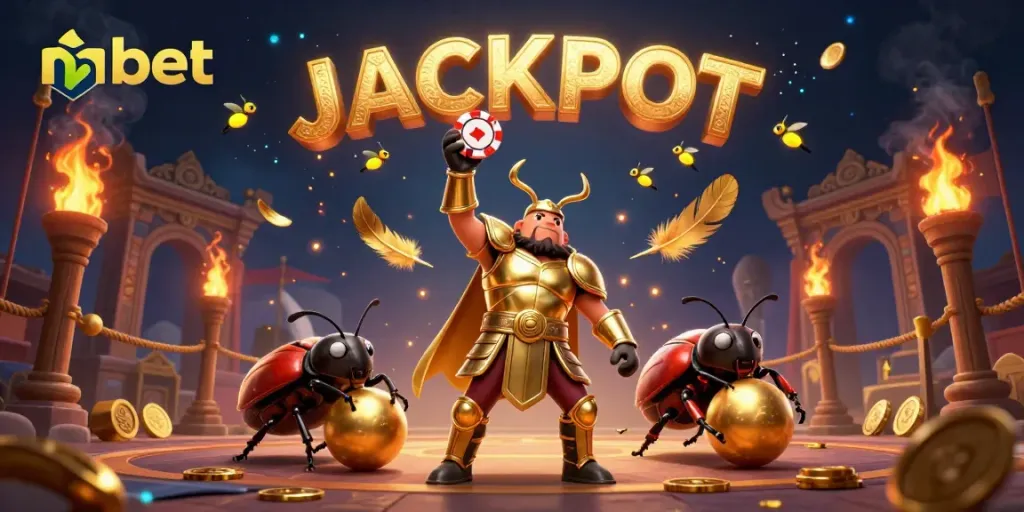 Experience nbet as a victorious beetle lifts a poker chip in a lively casino atmosphere.