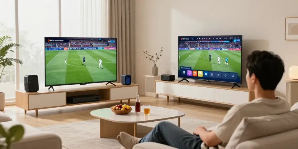 Enjoying IPTV Test with live sports streaming in a cozy living room setting.