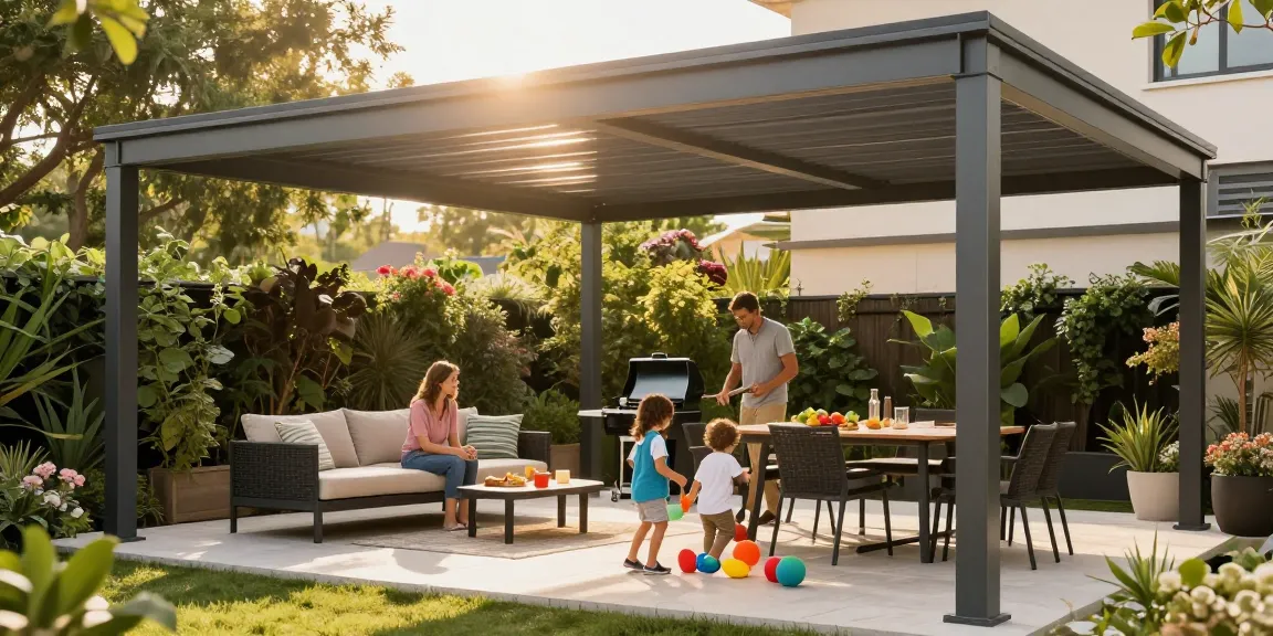 Terrassenüberdachungen bieten Schatten und Schutz für Familien im Garten.