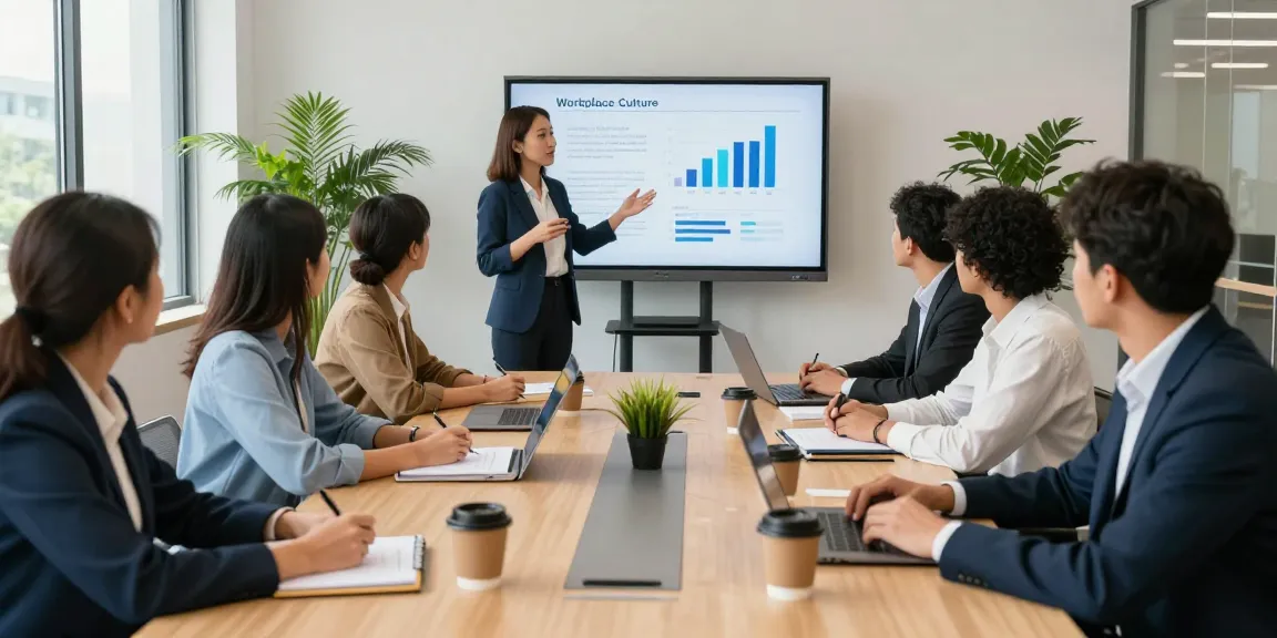 Besprechung zur Verbesserung der schlechten Arbeitskultur in einem modernen Büro mit engagierten Mitarbeitern.
