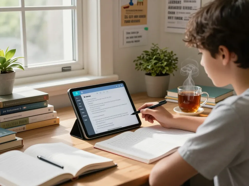 Student, der Hausaufgaben KI kostenlos auf einem Tablet in einem gemütlichen Arbeitszimmer verwendet, umgeben von Büchern und motivierenden Zitaten.