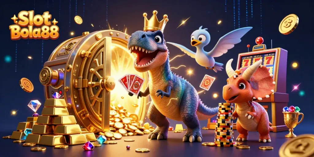 Experience the excitement of Slot Bola88 with a T-Rex shuffling cards and a triceratops stacking chips amid a treasure-filled scene.