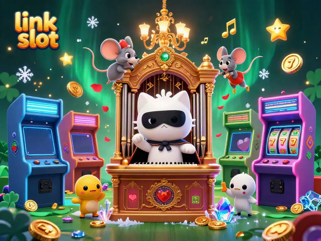 Experience the thrill of link slot with a phantom cat at a casino organ, surrounded by vibrant game elements.