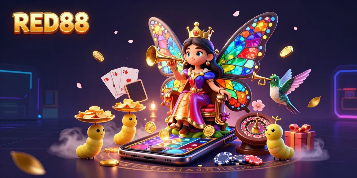 Engage with RED88's vibrant casino scene filled with colorful slot games, chips, and a whimsical butterfly queen.