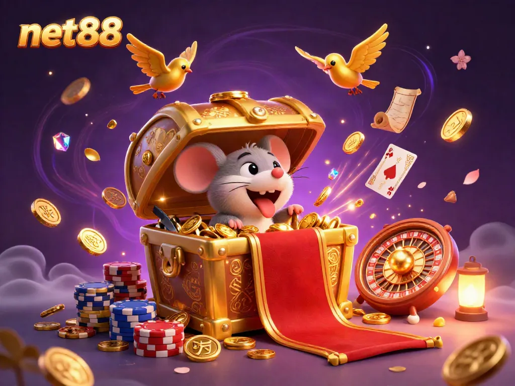Experience the thrill of betting with net88, showcasing vibrant casino elements and dynamic treasures.