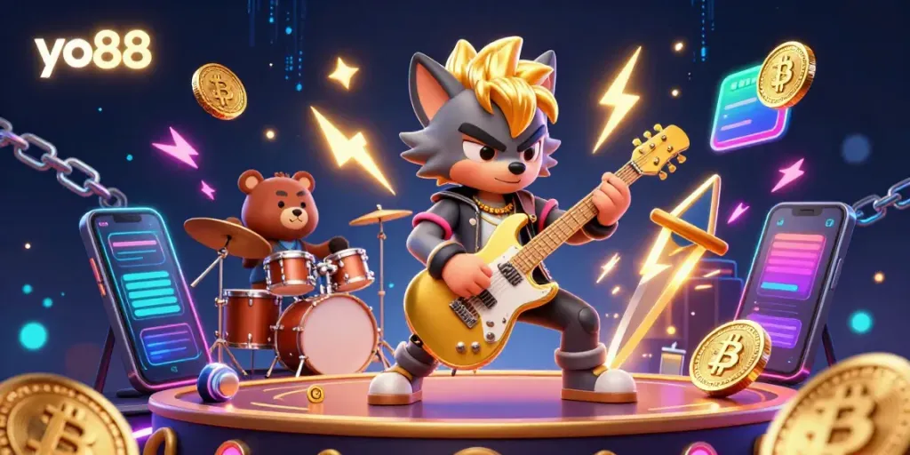 Experience yo88's thrilling casino atmosphere, featuring a rock star wolf and drummer bear with crypto elements.