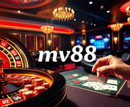 Engage with the exciting mv88 online casino experience highlighting poker chips and a roulette wheel.
