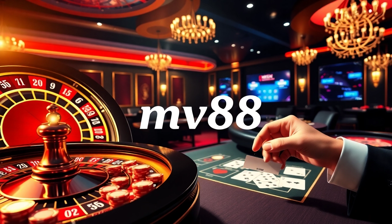 Engage with the exciting mv88 online casino experience highlighting poker chips and a roulette wheel.