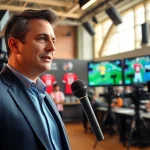 Sports Broadcasting at its peak with a professional broadcaster reporting live