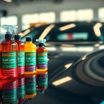 Koch Chemie Produkte auf einer glänzenden Fahrzeugoberfläche, professionell angeordnet.