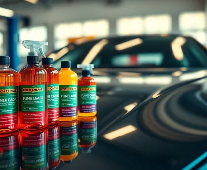 Koch Chemie Produkte auf einer glänzenden Fahrzeugoberfläche, professionell angeordnet.