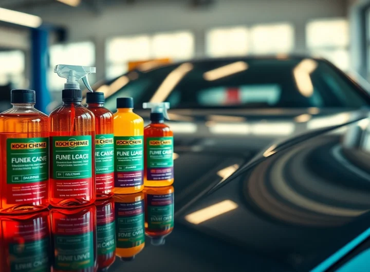 Koch Chemie Produkte auf einer glänzenden Fahrzeugoberfläche, professionell angeordnet.