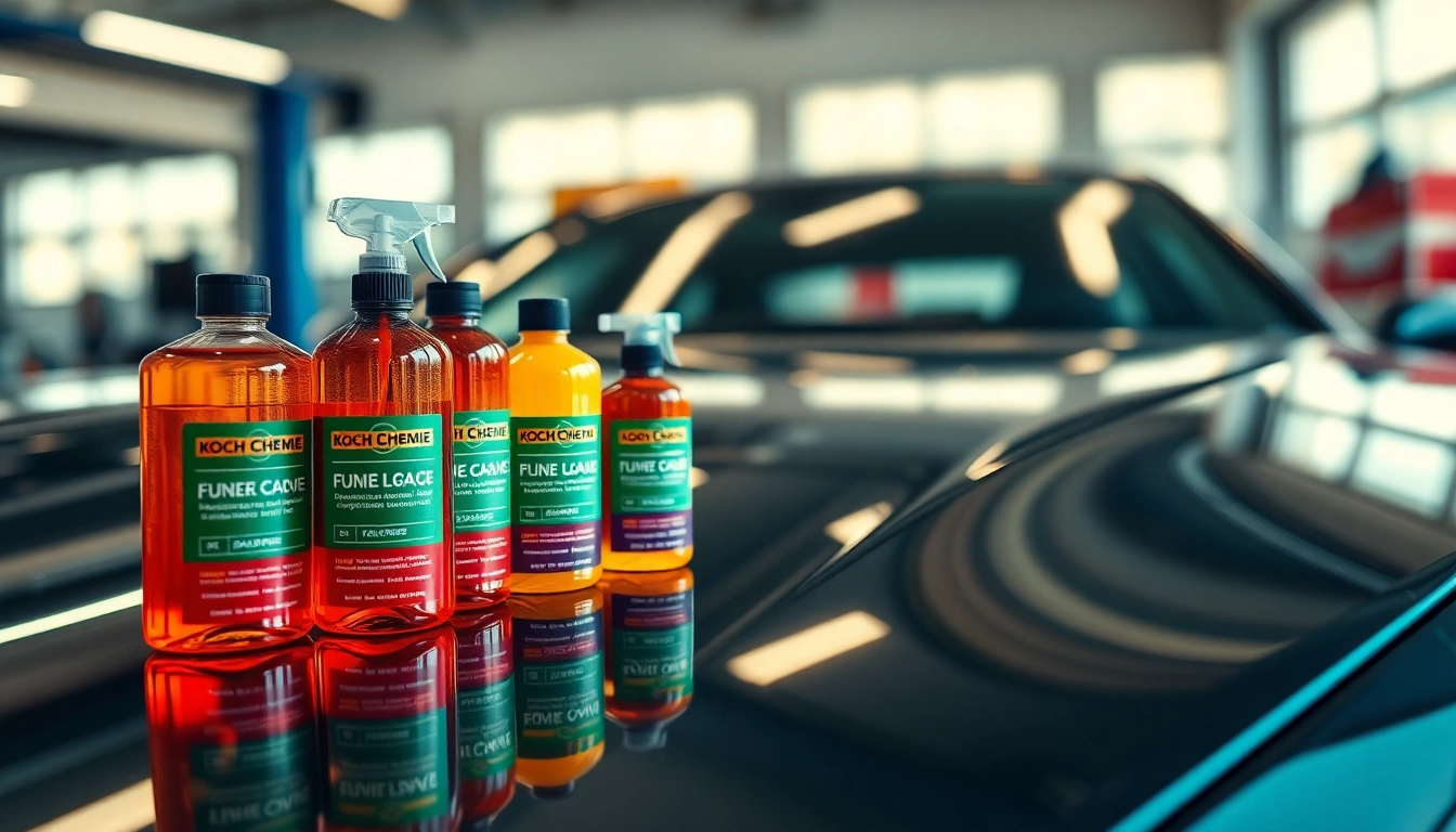 Koch Chemie Produkte auf einer glänzenden Fahrzeugoberfläche, professionell angeordnet.
