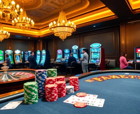 MM88 COM showcases an exciting poker scene with vibrant chips, cards, and a roulette wheel.