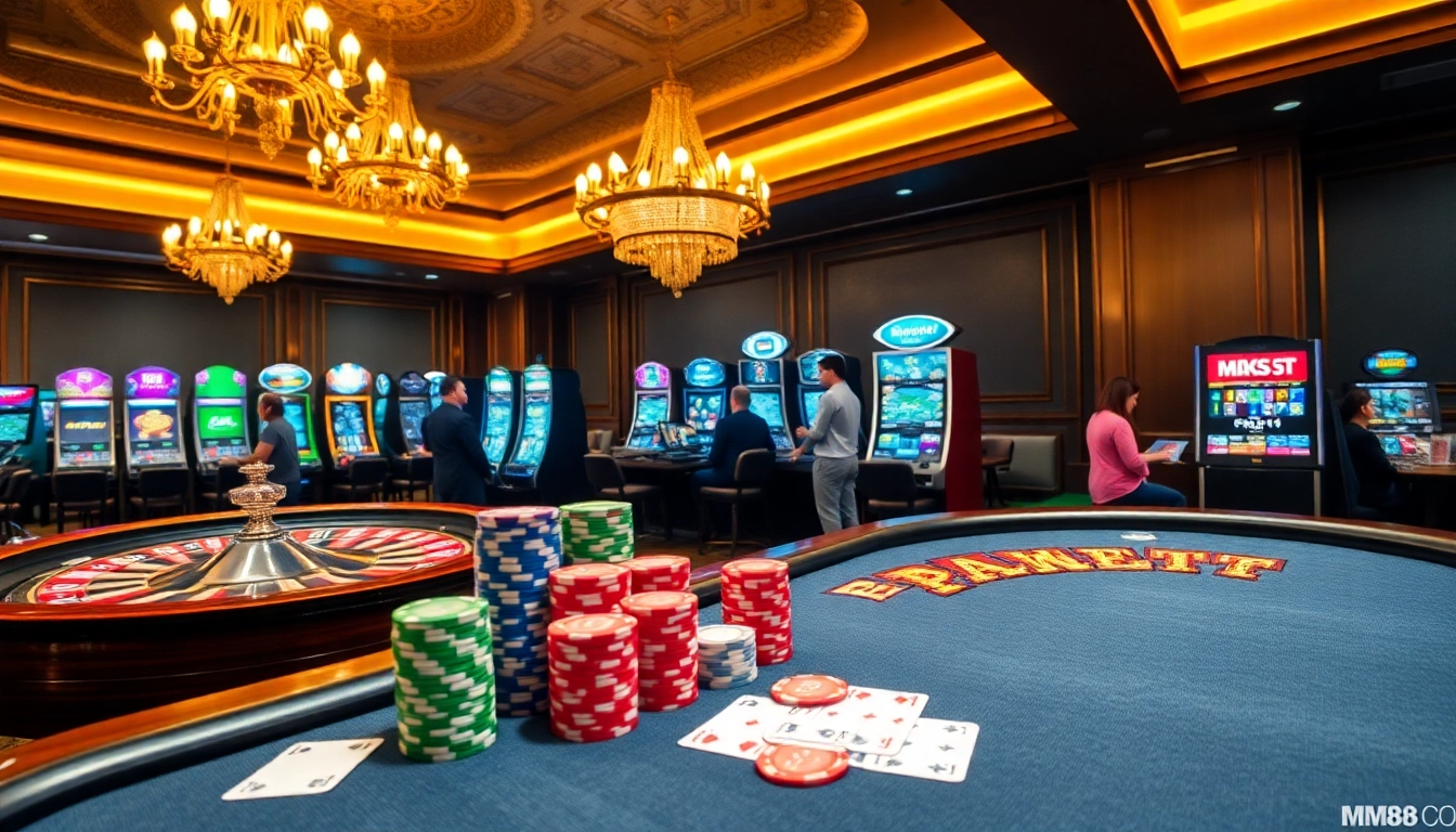 MM88 COM showcases an exciting poker scene with vibrant chips, cards, and a roulette wheel.