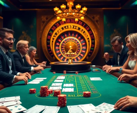 Casino players enjoy a thrilling game at 88i com, featuring elegant Blackjack tables and a vibrant roulette wheel.