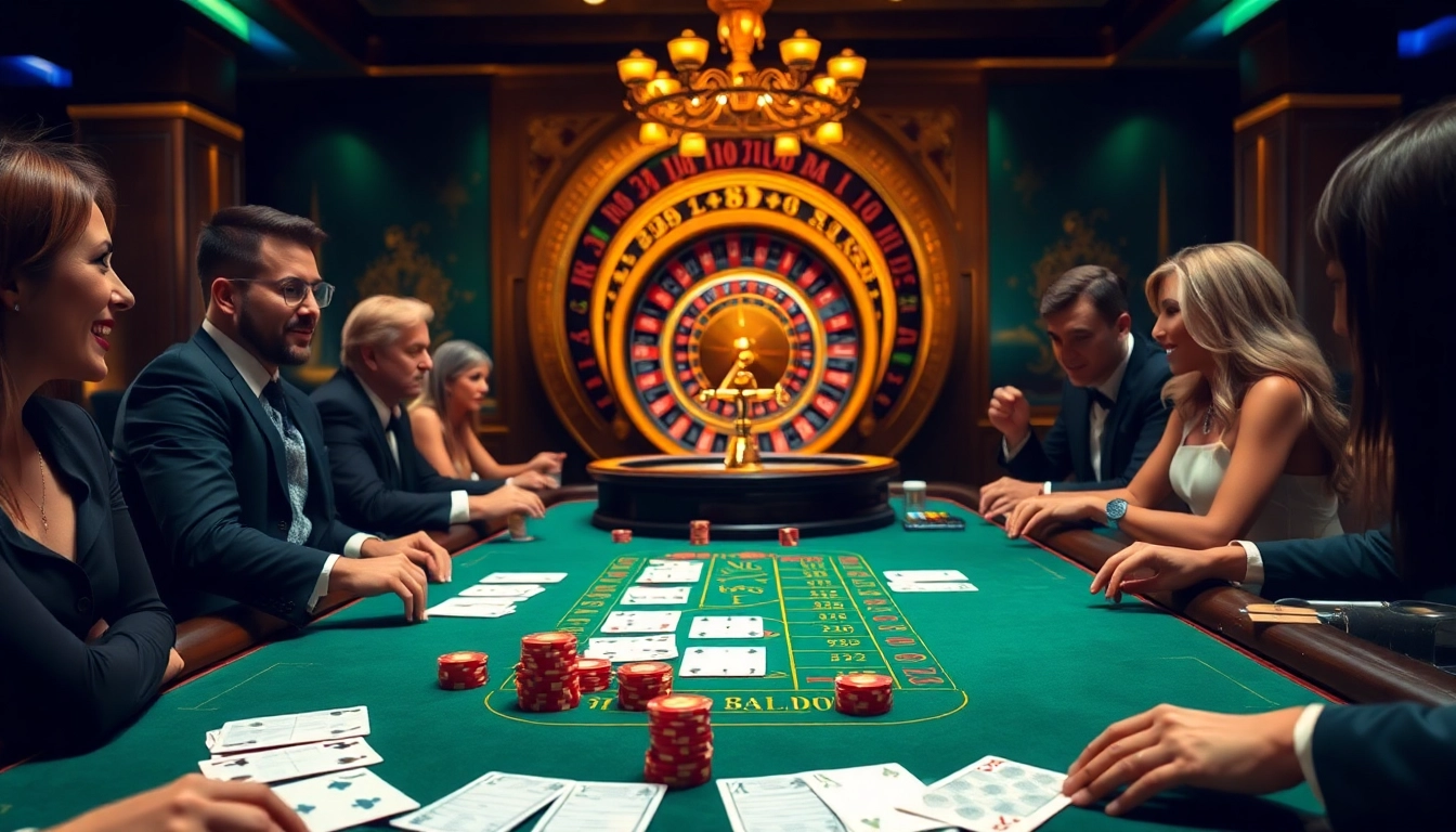 Casino players enjoy a thrilling game at 88i com, featuring elegant Blackjack tables and a vibrant roulette wheel.